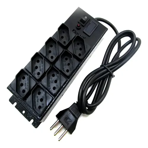 Filtro De Linha Elétrica Extensão 8 Tomadas Metalico 3 Pinos Cor Preto 127v/220v