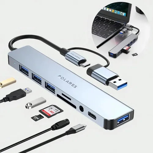 Hub USB-C e 3.0 8 em 1 Cinza com 4 Portas USB, P2, SD e MicroSD Compatível com Macbook Windows Linux