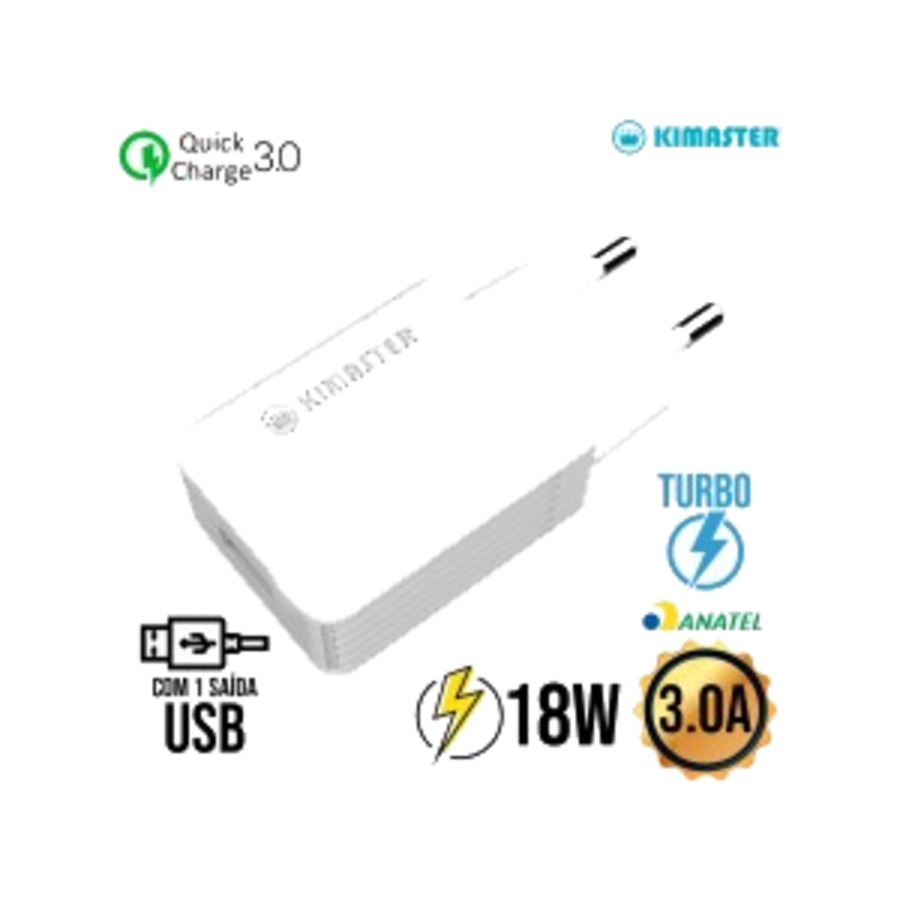 Carregador 1 USB Turbo 18W T108 Kimaster - Branco